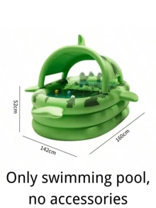 Giant Shark-Themed Inflatable Swimming Pool For Family Fun - PVC, Easy Storage, Perfect For Outdoor Parties, Summer Water Games, And Backyard Entertainment, Green With White Light Beige & Yellow Eyes Design - Multicolor - View 12