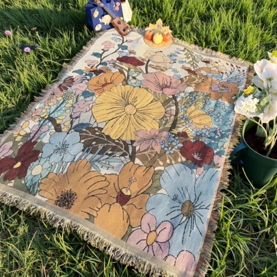 Coperta da esterno, tappeto da picnic portatile e spesso con motivo floreale, tappeto per il pavimento, coperta per divano, coperta da campeggio, asciugamano da spiaggia, adatto per giardino, patio, campeggio, servizi fotografici, lavabile e caldo