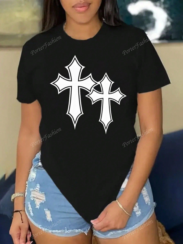 Camiseta de cuello redondo para mujer manga corta material algodón cruces