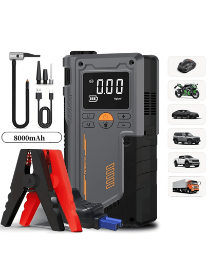 1pc Portable Car Jump Starter With Air Compressor, Jump Starter Battery Pack, 2500A Peak(2.11gal Gas, 1.72gal ) With 150 PSI Tire Inflator, 12V Car Battery Jump Power Pack, Car Jumper Starter Portable, 5 In 1 Function Jump, Battery Charger Tools