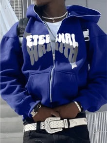 Spot Europe And The United States Street Zipper Hoodie Gothic Letter Foam Printed Hoodie Men And Women Casual Coat - 藍色 - 查看 1