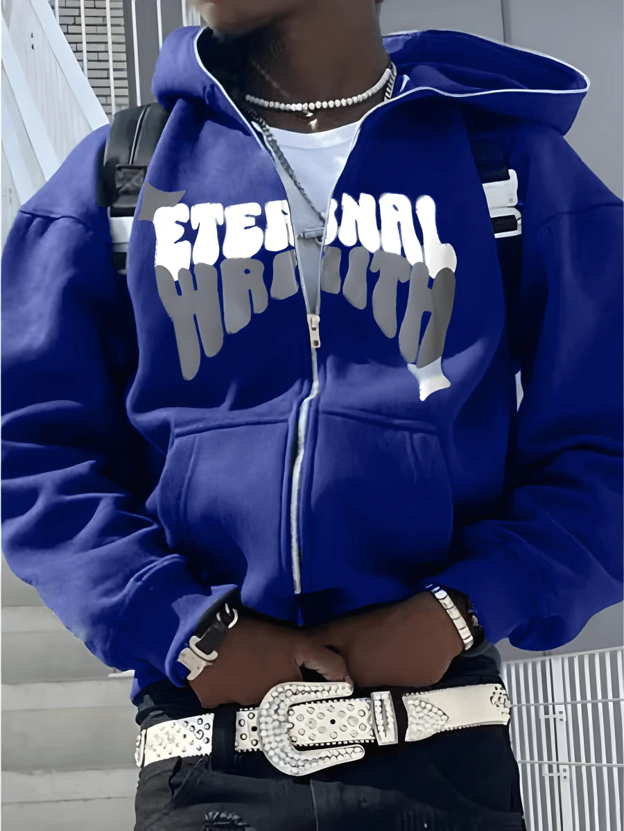 Spot Europe And The United States Street Zipper Hoodie Gothic Letter Foam Printed Hoodie Men And Women Casual Coat - 藍色 - 查看 1