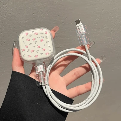 3件套清新叶/花/蝴蝶图案透明英规充电器保护壳，适用于 18W/20W，兼容 13/14/15/16 20W英规充电器保护壳、数据线保护壳、充电头保护壳。礼品，透明保护壳，英规充电器保护壳