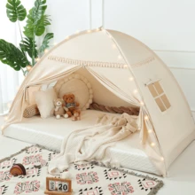 Kids Twin Size Bed Tent With Lights & Flags - Portable Foldable Canopy For Toddler Beds, Indoor Playhouse, Privacy Space For Boys & Girls, Perfect Gift For Bedroom Decor - Beige - View 2