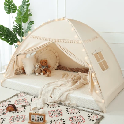 Kids Twin Size Bed Tent With Lights & Flags - Portable Foldable Canopy For Toddler Beds, Indoor Playhouse, Privacy Space For Boys & Girls, Perfect Gift For Bedroom Decor