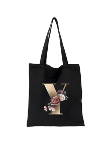 1 pieza Bolso de mano de lona con impresión de letra dorada de moda casual, bolso de hombro, bolso de compras de gran capacidad para mujeres, bolso de viaje plegable y reutilizable, regalo para vacaciones, buen regalo para compañeros de clase, amigos, damas de honor, hermanas, madres, muy adecuado para que los estudiantes vuelvan a la escuela, vacaciones de verano, vacaciones, playa, viajes, negocios, estudiantes, picnic, campamento, supermercado, uso diario
