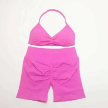 NCLAGEN Yoga Set 2 Piece Sportswear Woman Gym Activewear Strappy Bra & Shorts Pilates Clothes Sports Outfit Workout Fitness Suit - Ice Blue_Silver - View 2