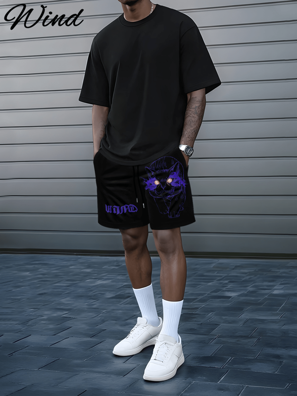Men's Retro 3D Cat Print Casual Shorts, Blue, Fashion Leisure Sport Comfortable Fit, Suitable For Sports, Casual, Gathering