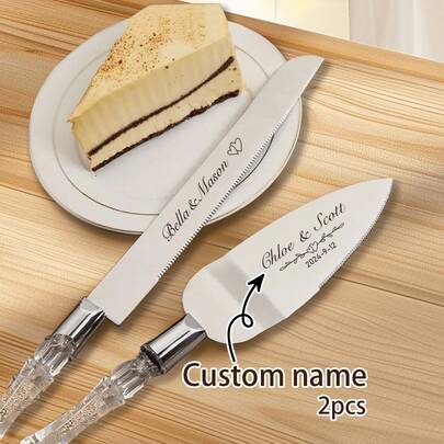 2 piezas Juego personalizado de corte de pastel con mango de cristal para boda, cuchillo de pastel de acero inoxidable personalizado con grabado de nombre, tamaño del cuchillo: 33,5 cm/13,2 pulgadas, tamaño de la pala: 27,5 cm/10,8 pulgadas, juego de cuchillo y servidor de pastel de boda, juego de corte de pastel para boda, cortador de tartas, regalo de cumpleaños para amantes de los pasteles, listo para el brunch