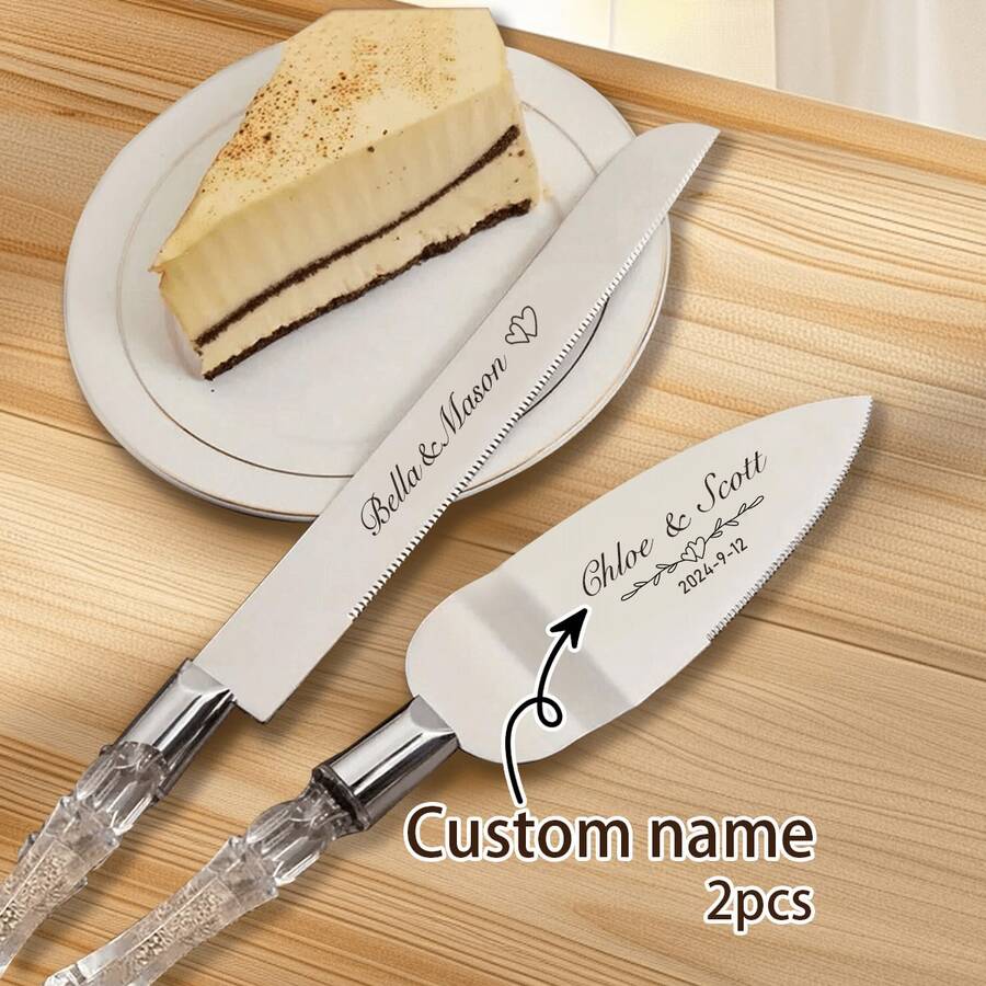 Set personalizado de 2 piezas de cuchillo y pala para cortar tarta de boda con mango de cristal, cuchillo de tarta de acero inoxidable con nombre grabado personalizado, set personalizado de cuchillo y pala de tarta de boda, pala de pizza personalizable con nombre