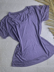Women's V-Neck T-Shirt Plain Knit Various Colors - 灰紫色 - 查看 1