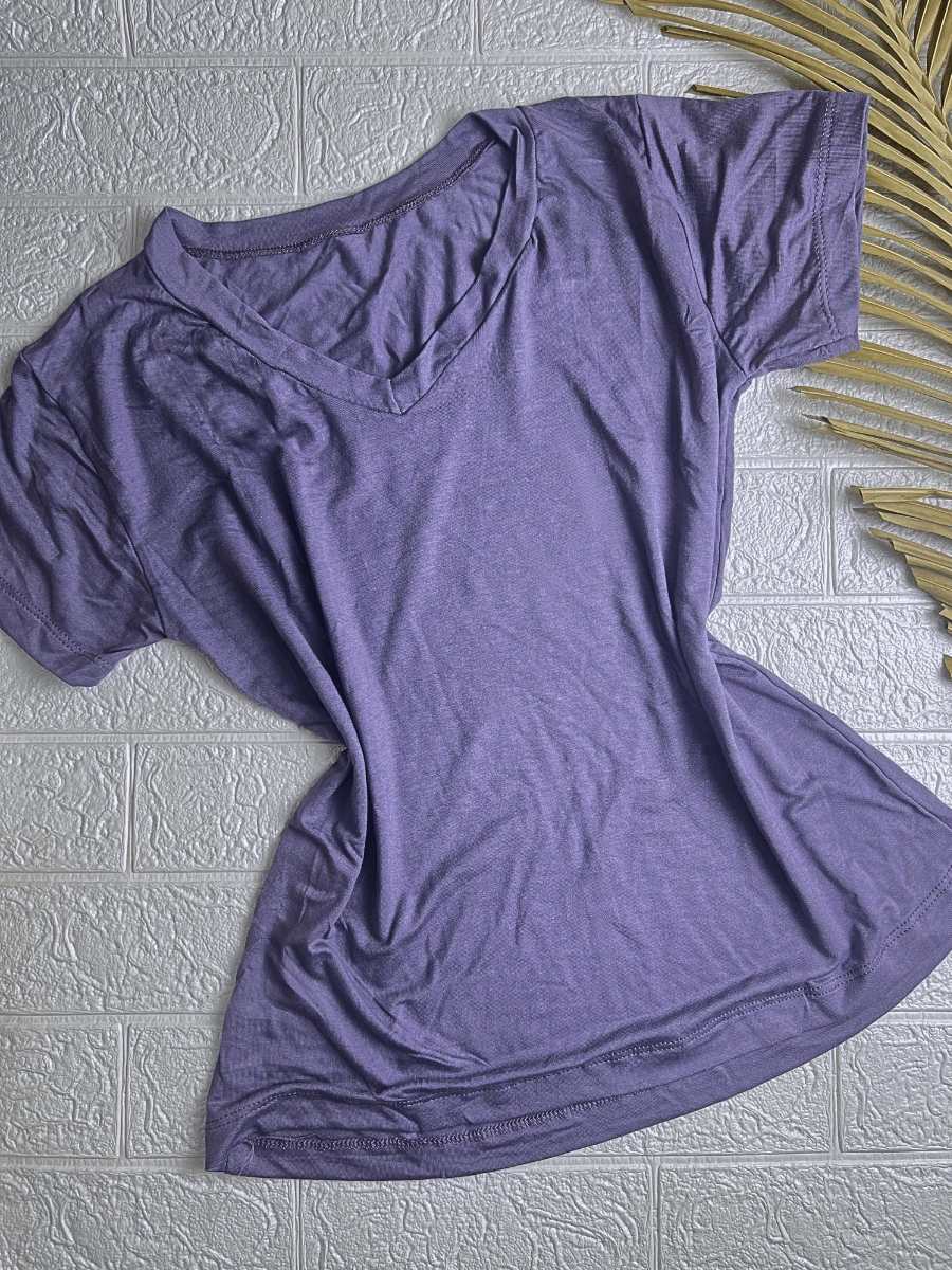 Women's V-Neck T-Shirt Plain Knit Various Colors - 灰紫色 - 查看 1