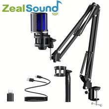 Micrófono USB de juegos ZealSound Plug&Play negro con adaptador Tipo-C para PC, micrófono de condensador RGB para computadora con trípode y brazo de jirafa, silenciamiento rápido, control de ganancia para juegos, transmisión en vivo, podcasting, grabación, ASMR, kit de micrófono cardioide para portátil/teléfono, sin adaptador Lightning - Negro - Ver 13