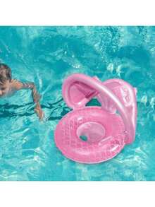1PC Summer Inflatable Baby Ring, Pink Mermaid Tail Shaped Swim Float For Beach, Baby Mermaid Swim Ring Pool Rings With Sun Protection Canopy For Pool Beach, Inflatable Seat For Swimming Pool