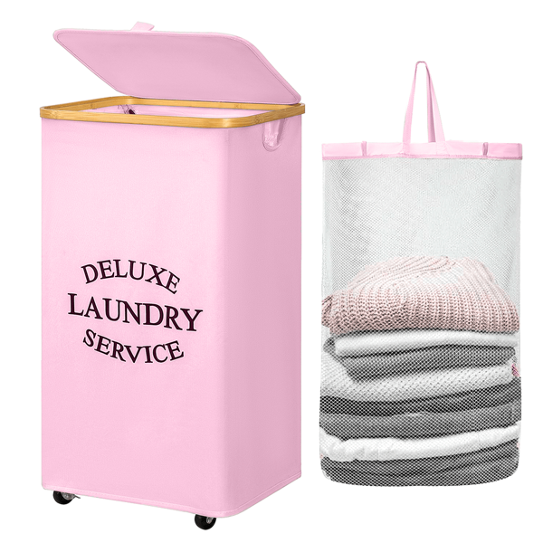 110L Large Wheeled Laundry Basket With Liner - Foldable Dirty Clothes Hamper, Includes 1 Free Mesh Bag, Extra Large Capacity Laundry Basket, Collapsible Fabric Laundry Bin