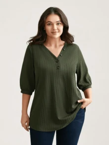 Damen Große Größen T-Shirt mit V-Ausschnitt, Lässig Alltags-Shirt mit Blume Muster und Knopfdesign