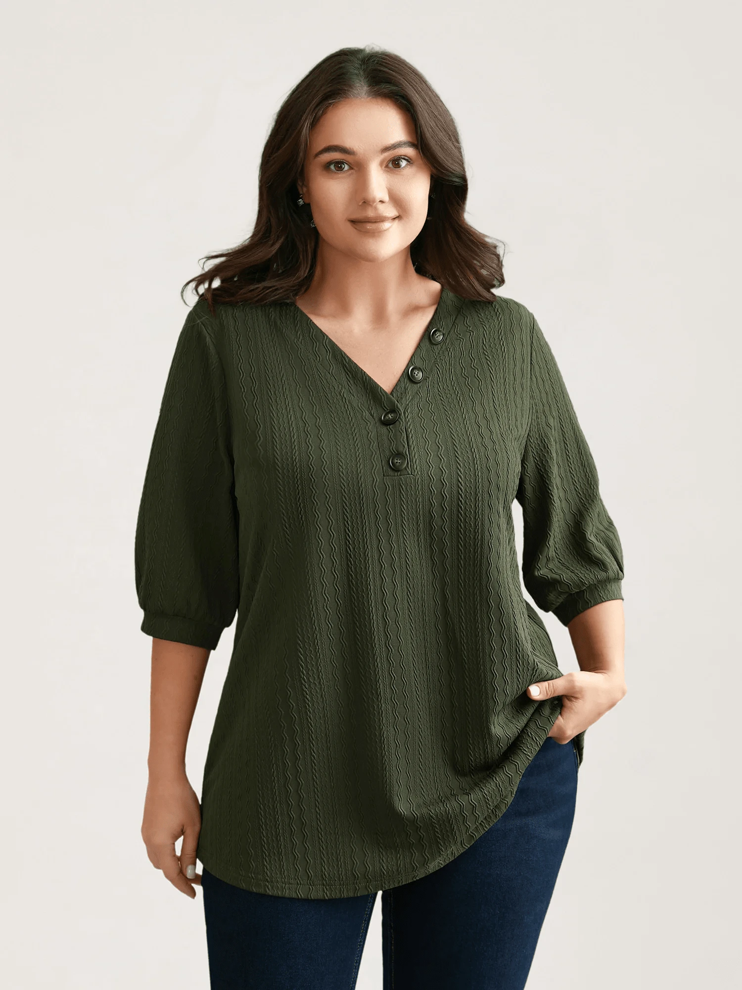 Damen Große Größen T-Shirt mit V-Ausschnitt, Lässig Alltags-Shirt mit Blume Muster und Knopfdesign