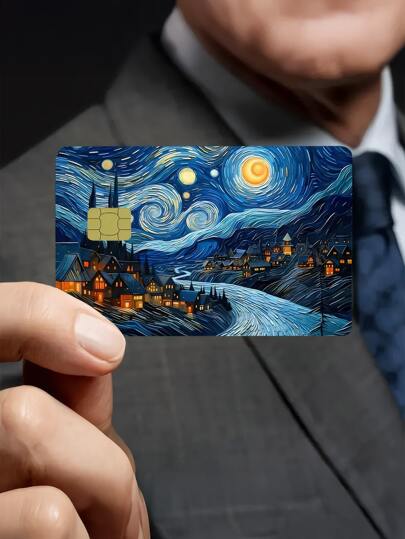 1 Stück Kreditkarten Dekorations-Aufkleber im Stil der Sternennacht von Van Gogh, kreativ und personalisiert, ultradünne PVC Anti-Fingerabdruck dauerhafte Kreditkarten Schutzhülle, hochwertige Qualität, kratzfest und reibungsbeständig, geeignet für Frau und Mann, kleine Chipkarten, Bank- und Kreditkarten, Verkehrskarten, Campus-Karten zum selbst Dekorieren