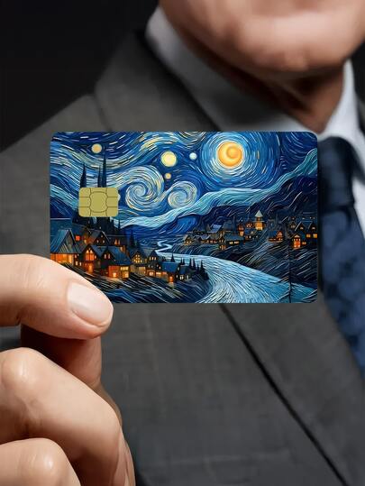 1 pieza Pegatina decorativa de tarjeta de crédito con diseño de Noche estrellada, estilo pintura al óleo de Van Gogh, creativa y personalizada, cubierta protectora ultrafina de PVC antihuellas, duradera, de alta calidad, resistente a arañazos y fricción, adecuada para mujer, hombre, tarjetas chip pequeñas, tarjetas bancarias, tarjetas de crédito, tarjetas de transporte, tarjetas universitarias, decoración DIY