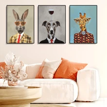 1/3 piezas Póster de pintura en lienzo con ilustración de animales de moda como gato, perro, conejo, elefante, arte de pared divertido y lindo para decoración del hogar en la sala de estar