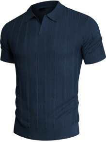 Polo a maniche corte in maglia blu navy uomo - motivo a costine verticali - comoda e alla moda per l'uso giornaliero e lo stile casual elegante