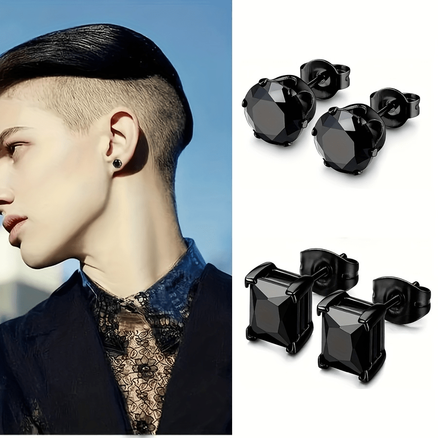 SENLANSP 2 Pairs Stainless Steel Men's Stud Earrings - Black 6mm Cubic Zirconia Round & Square Earring Set