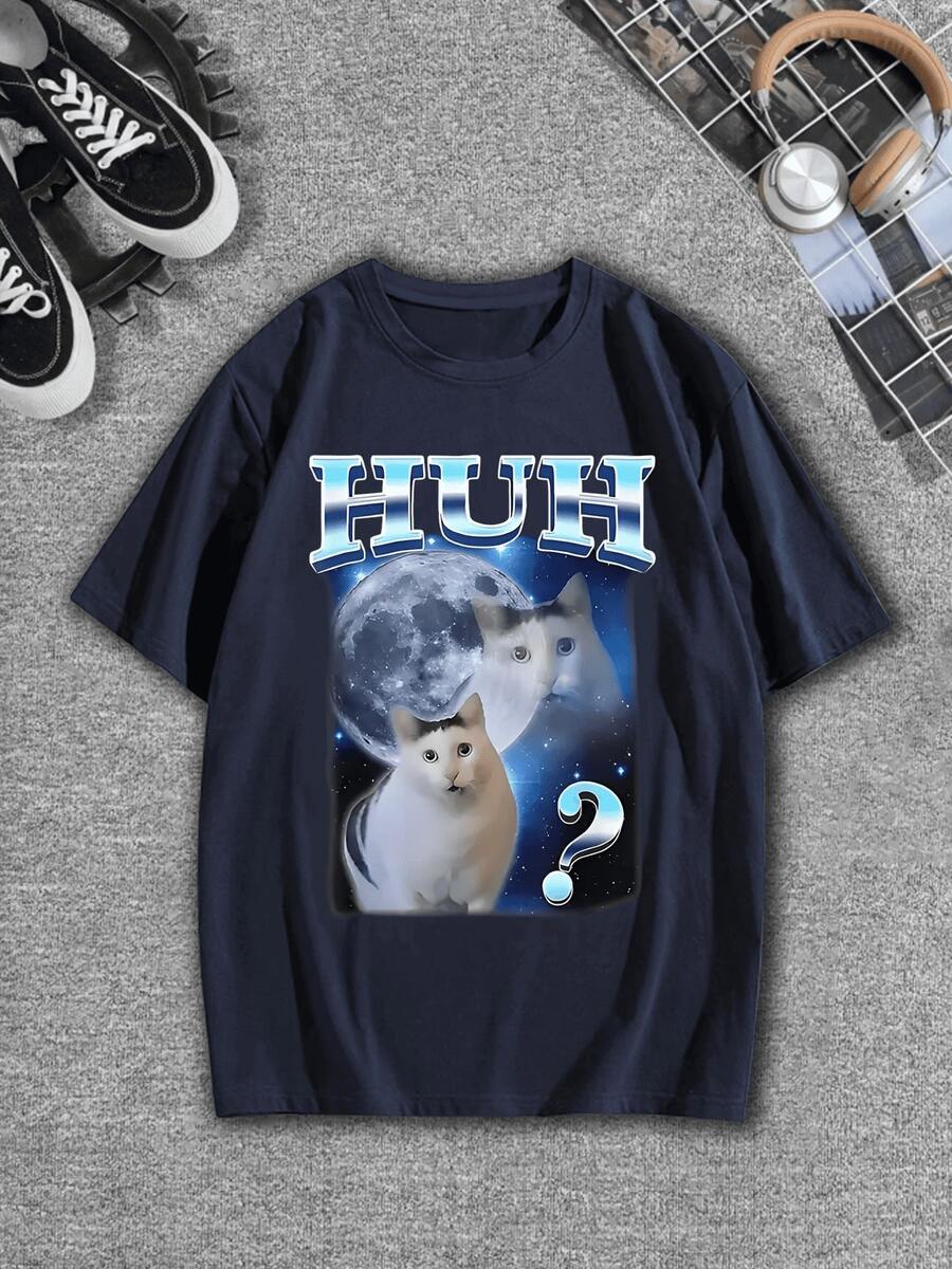 Huh Meme Cat T-Shirt Shirt Blouse Unisex Men Women 100% Cotton Top Premium Street Wear New Release Immediate Shipping Various Colors!! Plus Size - 藏蓝色 - 查看 1