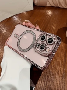全新奢华时尚闪钻透明手机壳适用于 16 15 14 Plus 13 12 11 Pro Max 磁性无线充电后盖 - 粉色 - 查看 4