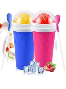 1 件 - 自制冰沙杯、夏季快速冰镇奶昔、魔法冰沙杯、带盖和吸管的魔法冰沙杯、便携式冰沙挤压杯、双硅胶 DIY 魔法冰沙机挤压杯（适用于果汁、苏打水、牛奶和冰淇淋）、礼物