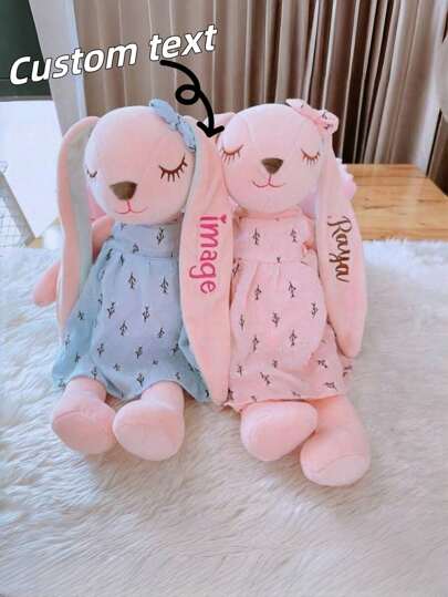 1pc Customizable Rabbit Plush Doll, Rabbit Ears Can Be Embroidered With Text/Name On Single Or Double Ears, Rabbit Wearing Dress, Decorative Rabbit, Gift For Girlfriend, New Moms, Anniversary, Party Decor, Birthday, Embroidery Craftsmanship Is Elegant And Fadeproof