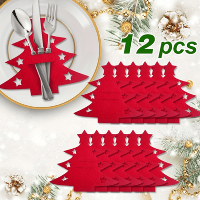 12pcs Christmas Felt Cutlery Set, Christmas Tree Knife Fork Holder, Tableware Decoration Cutlery Bag, Christmas Themed Design, Tableware Decoration Cutlery Bag, Christmas Decor Cutlery Bag, Holiday Party Cutlery Santa Hat, For Christmas Tableware Decoration, New Year Decoration, Christmas Party Cutlery Pocket, Tableware Decoration, Indoor & Outdoor Christmas Party Decor