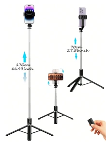 170cm/66.93inch LED Fill Light Portable Selfie Stick, Expandable Selfie Stick Tripod, Wireless Remote Control And Tripod, Lightweight And Compact, Compatible With IPhone16 15 14 13 12 Pro Xs Max X 8Plus, Android, GoPro, For Selfie/Live/Photography Compatible With Iphone Android Phone For Summer Vacation, Travel, Outdoor Activities Compatible With Iphone Android Phone For Summer Vacation, Travel, Fill Light, Outdoor Activities, Live Streaming Vlogging Equipment