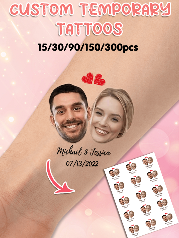 15/30/90/150/300pcs Custom Temporary Tattoos With Photo Personalized Face Tattoo With Logo For Adults Couple Women Men Custom Name Tattoos For Birthday Wedding Bachelorette Party,Multi-Functional,Ornamental,Letter,Solid Color,Exquisite,Stylish,Vintage,Modern,Colorful,Leisure,Basics,Casual,Soft,Unique,Customized,Personalized,Custom,Ideal Gifts For Her,Girlfriend,Her,Boyfriend,Friends