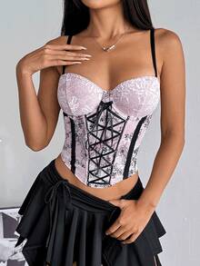 时尚支撑交叉吊带系带文胸，搭配鱼骨露背性感短款上衣 - 粉色 - 查看 1