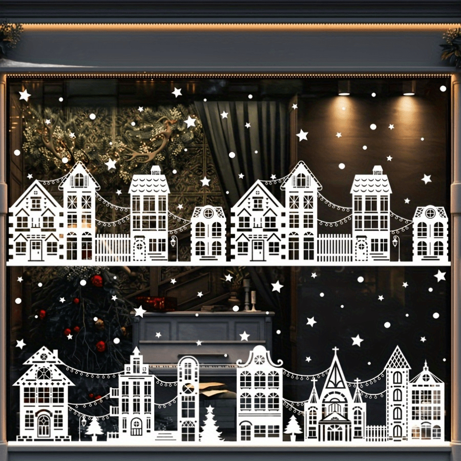 10 hojas de pegatinas de castillo de nieve navideño para ventanas, calcomanías navideñas de PVC para ventanas de cristal, sin batería requerida, decoraciones navideñas de invierno, decoración navideña, decoraciones navideñas, decoración navideña