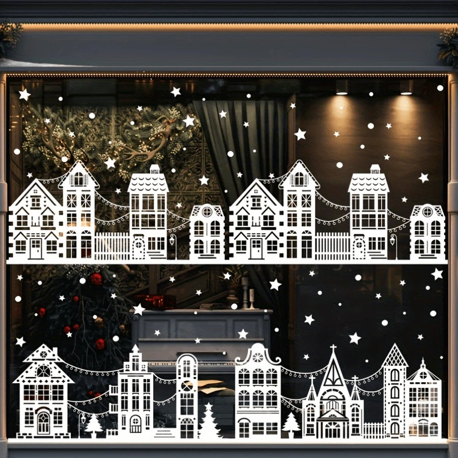 10 hojas de pegatinas de castillo de nieve navideño para ventanas, calcomanías navideñas de PVC para ventanas de cristal, sin batería requerida, decoraciones navideñas de invierno, decoración navideña, decoraciones navideñas, decoración navideña