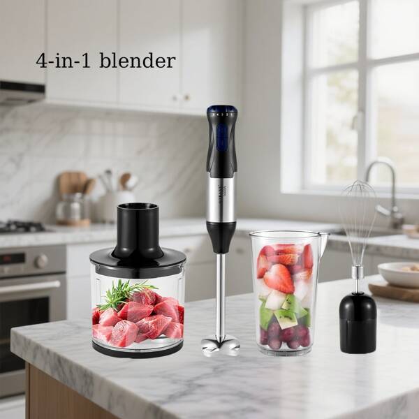 SOKANY Artículos de cocina, licuadora, batidora de inmersión, set de batidora de mano de 1000 W 4 en 1, incluye batidora de varilla multifunción, batidor, picadora y vaso, apto para procesar alimentos y mezclar comida de bebé