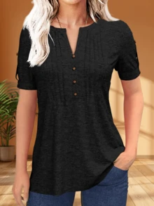 Women's Summer V-Neck Pleated Button Short Sleeve T-Shirt Zipper Detail Solid Color Casual Top