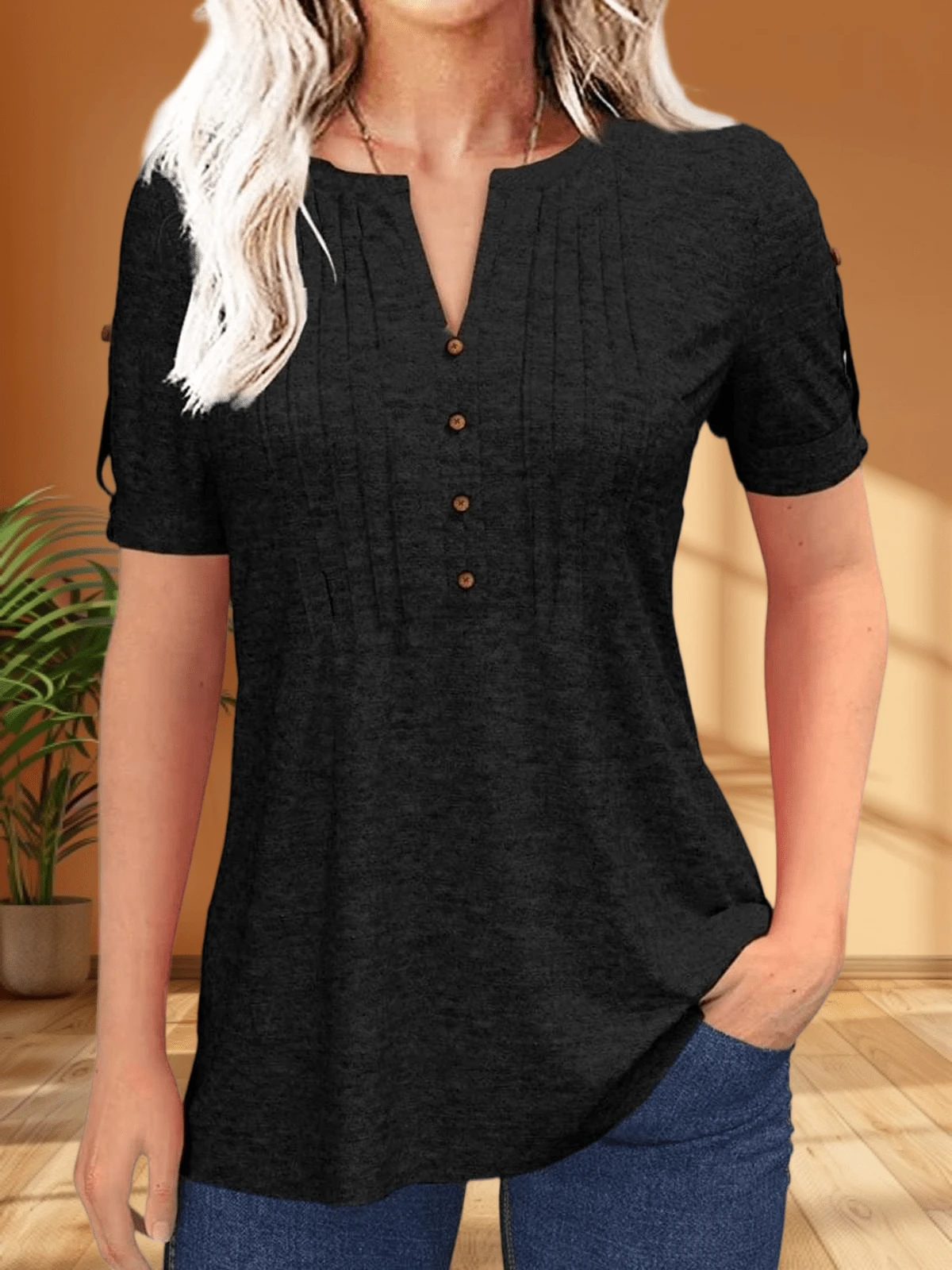 Women's Summer V-Neck Pleated Button Short Sleeve T-Shirt Zipper Detail Solid Color Casual Top