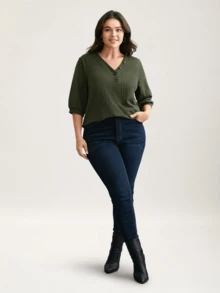 Damen Große Größen T-Shirt mit V-Ausschnitt, Lässig Alltags-Shirt mit Blume Muster und Knopfdesign