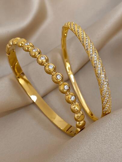 18K Gold Plated Stainless Steel Or Copper Luxe Elegant Zirconia Bangle Bracelets Set For Women, Elegant Mom Gift Christmas Thanksgiving Halloween Wedding Rave/Prom/Party/Daily/Beach Accessories Gift For Anniversary Valentine's Day Boho Jewelry Birthday Bridesmaid Gifts