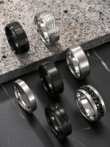 7pcs Black & Silver Stainless Steel Rings Set, Vintage Minimalist Fashion Jewelry Suitable For Men & Women, Daily Wear, Essential For New Year, Valentine's Day, Gifts For Boyfriend, Friends - Black+Silver - View 16
