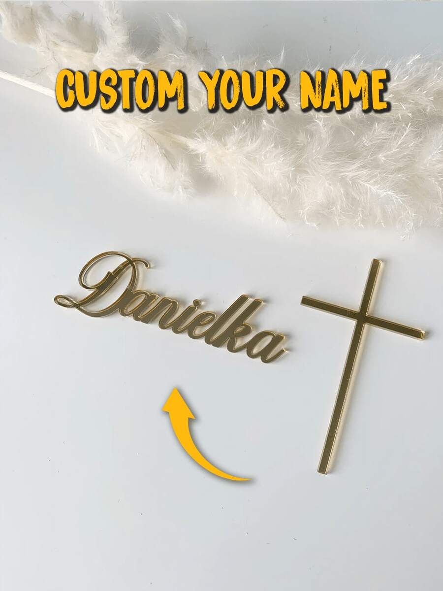 1pc Customized Acrylic Name Cross Cake Topper, Personalized Acrylic Baptism Cake Decor, Gold Baptism Cake Hanging Ornament, Baptism Cake Decoration, Customized Name Hanging Ornament - Gold Mirror - View 1