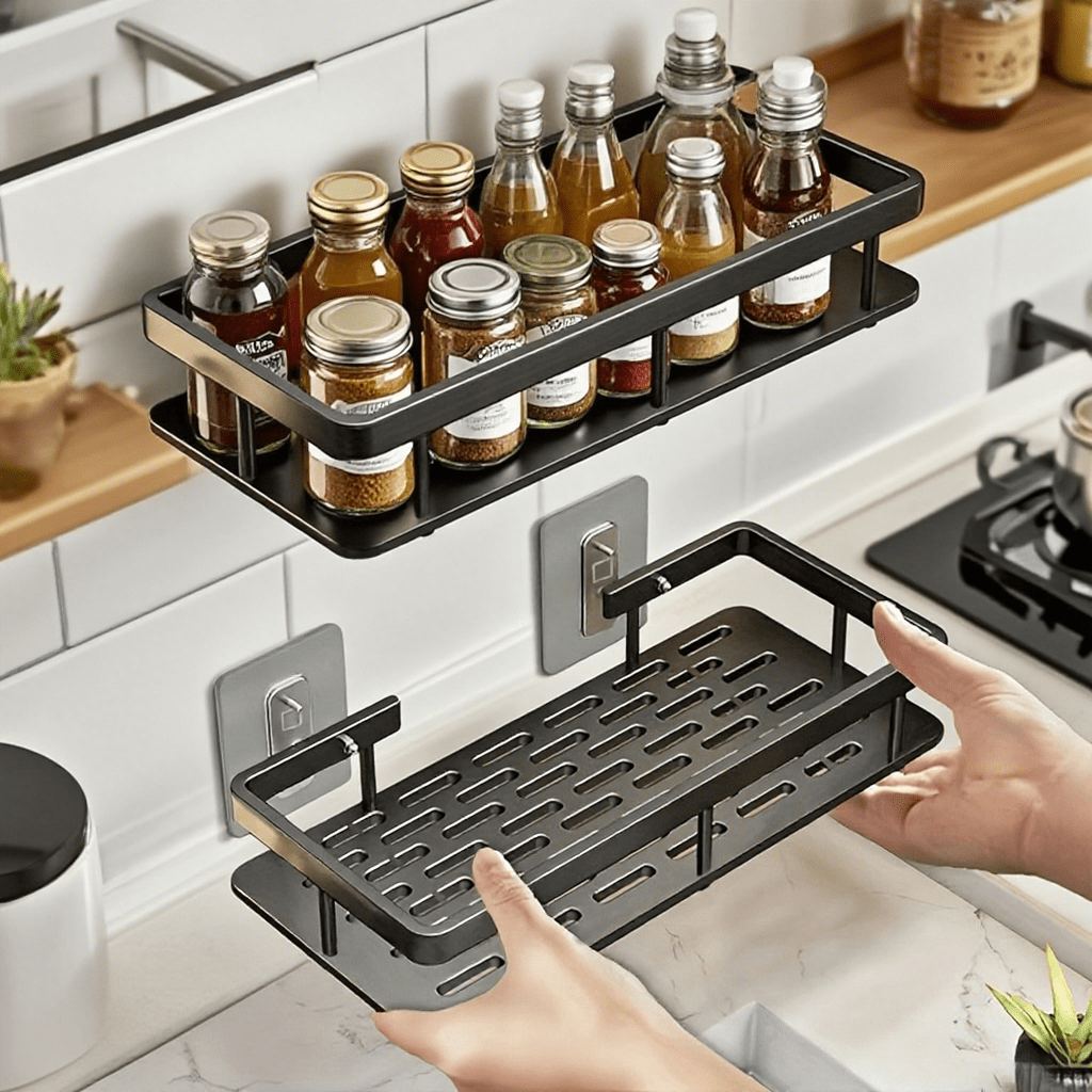 1/2 Pieces Black Kitchen Storage Rack, Large Capacity Wall Mounted Kitchen Storage Rack, No Drilling Required, Aluminum Alloy, Kitchen Accessories, Wall Mounted Rectangular Bracket, Stick-On Kitchen Storage Rack, Suitable For Kitchen And Bathroom