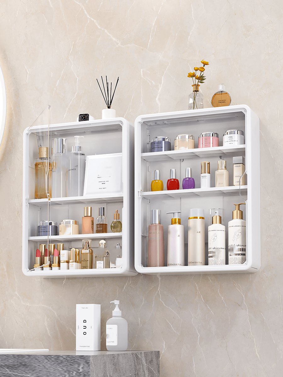 1pc No Drill Wall Mounted Makeup Storage Rack, Multi-Function Cosmetic Organizer Box With Removable Shelves, Transparent Bathroom Accessories, Also Suitable For Blindboxes, Toys And Medicine Storage, Space-Saving Display Box
