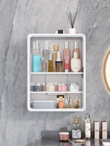1 件免钻壁挂式化妆品收纳架，带可拆卸搁板的多功能化妆品收纳盒，透明浴室配件，也适用于盲盒、玩具和药品收纳，节省空间的展示盒 - 白色-升級款 - 查看 5