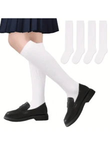 4 pares de meias até o joelho para crianças, meias de pressão, meias de cor sólida, meias até o joelho, meias infantis, meias brancas até a panturrilha, adequadas para todas as estações - Branco - Ver 2