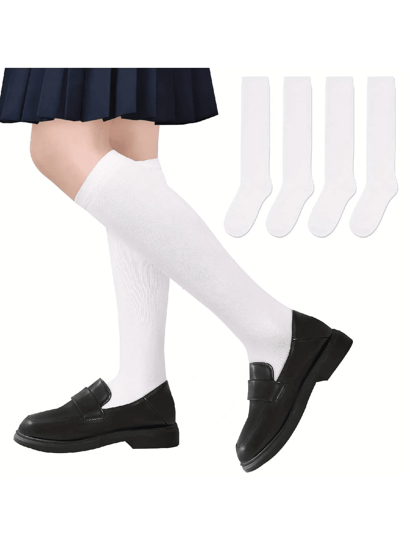 4 pares de meias até o joelho para crianças, meias de pressão, meias de cor sólida, meias até o joelho, meias infantis, meias brancas até a panturrilha, adequadas para todas as estações