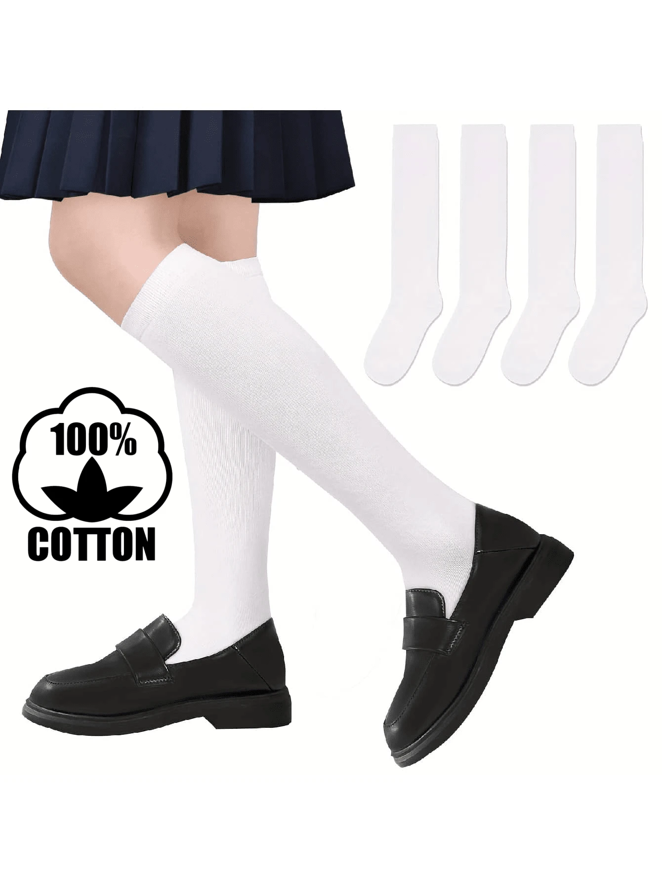 4 Pairs Cotton Over-The-Knee Socks For Girl, White, Thin, Spring/Summer - White - View 1