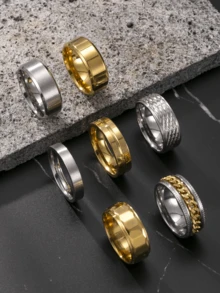 Bộ 7 nhẫn thép không gỉ tông vàng và bạc tối giản, Phụ kiện thời trang phù hợp cho nam và nữ, Trang phục hàng ngày, Thiết yếu cho năm mới, Ngày lễ tình nhân, Quà tặng cho bạn trai, bạn bè - Vàng + Bạc - Xem 21